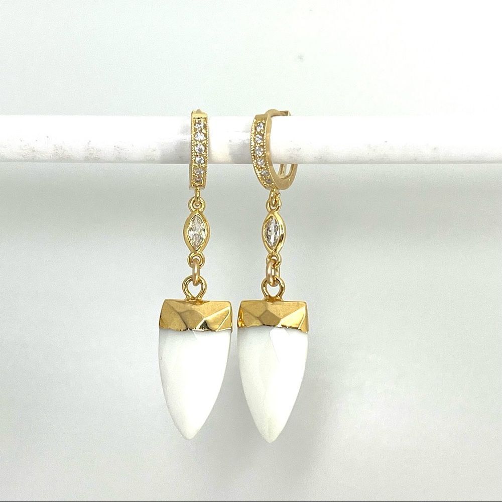 New gold huggie hoops for women with white agate lightweight stones